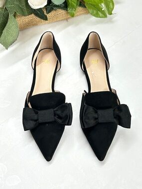 H&M Black Pointed Bow D'Orsay Flats with Ribbon Accent